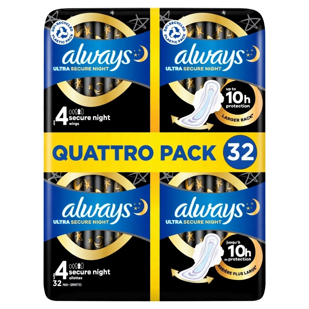 Always Ultra Secure Night Quattro Packs with Wings Size 4, Total 32 Pads